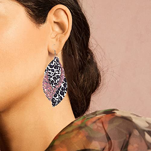 Leaf Leather Earrings for Women Handmade Fringe Feather Lightweight Teardrop Leather Earrings Drop and Dangle Earrings for Women (Black)
