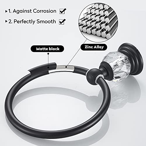 WINCASE Crystal Towel Ring, Black Hand Towel Holder, Bathroom Round Towel Hanger Racks Wall Mount Matte Black