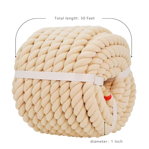 Twisted Cotton Rope (1 inch x 50 feet) Natural Thick Soft Rope for Crafts, Sports Tug of War, Hammock, Home Decorating Wedding Rope