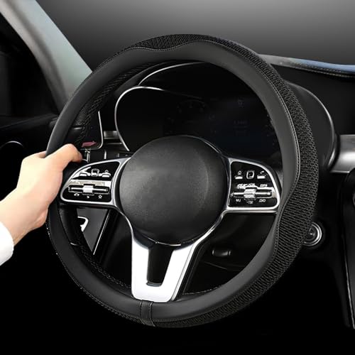 LKWLIKEI Car Steering Wheel Cover, Universal 15 inch, The Latest Microfiber Leather Breathable Technology Fabric, Non-Slip, Comfortable, Warm in Winter and Cool in Summer, Black