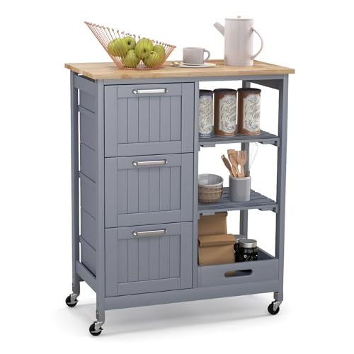 GOFLAME Kitchen Island Cart on Wheels with Storage, Versatile Rolling Cart with Wood Countertop, 3 Drawers, Removable Tray & Lockable Casters, Mobile Serving Trolley for Kitchen, Dining Room, Grey
