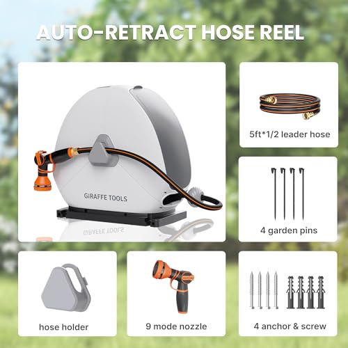Giraffe Tools Retractable Hose Reel 1/2 Inch x 82FT,Heavy Duty Ground Mount Garden Hose Reel, Automatic Rewind, Any Length Lock, with 9-Function Sprayer Nozzle & Flexible Swivel Base
