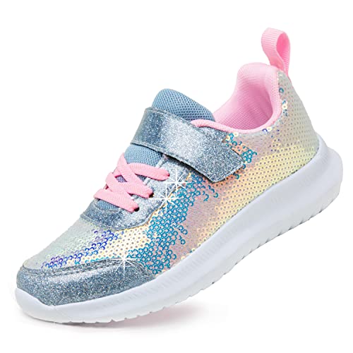 Toandon Girls Kids Sneakers Glitter Shoes Breathable Lightweight Elastic Band Athletic Running Walking Sparkle Glimmer Fashion Outdoor Child Strap White Size 1