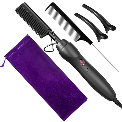 Hot Comb Hair Straightener Pressing Combs - Ceramic Electric Straightening Comb, Curling Iron for Natural Black Beard Wigs Holiday Gift - Black 5 In1