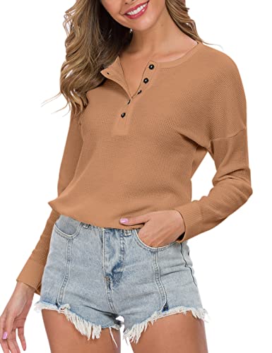 WNEEDU Women's Waffle Knit Tunic Tops Loose Long Sleeve Button Up V Neck Henley Shirts,Rose Red S