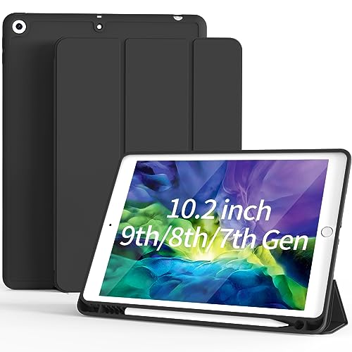 JKSML 10.2" Case for iPad 9th/8th/7th Generation 2021/2020/2019 with Pencil Holder, Auto Sleep/Wake Case Compatible for iPad 10.2 inch, Soft Silicone Slim Shockproof Trifold Stand Cover, Black