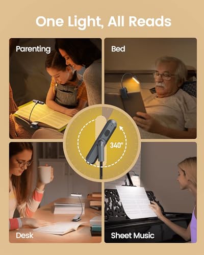 Glocusent Rotatable Book Light for Reading in Bed, 22LEDs Dual-Row Design with Timer, Stepless Dimming & Color Adjustment, 1000mAh Rechargeable Reading Light for up to 100hrs, Gray