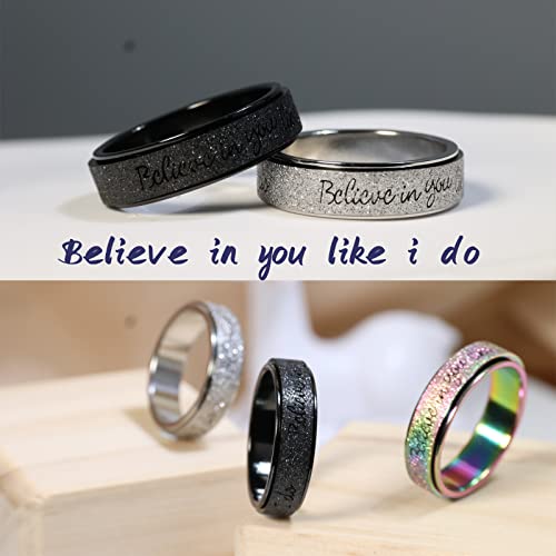 LuckyAmor Men's 8MM Black/Silver/Rainbow Stainless Steel Spinner Ring Band for Anxiety Relief Items for Men Sandblast Glitter Finish Size 7 8 9 10 11 12 (9, Silver)