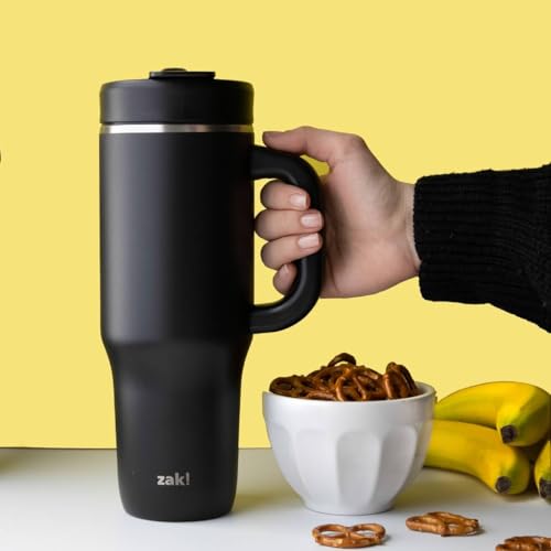 Zak Designs Harmony 2-in-1 Coffee Tumbler for Travel or At Home, 40oz Recycled Stainless Steel is Leak-Proof When Closed and Vacuum Insulated with Handle (Ebony Black)