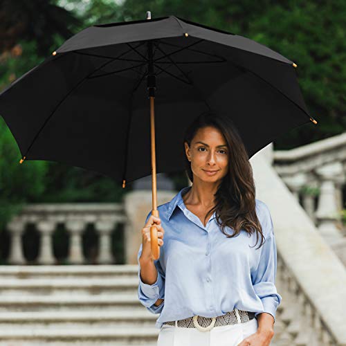 The Vented Urban Brolly 48" Arc Automatic Open Large Windproof Golf Umbrella, Classic Umbrella with Wooden J Handle, Vintage Style Lightweight Long Curved Handle Umbrella for Rain - Black