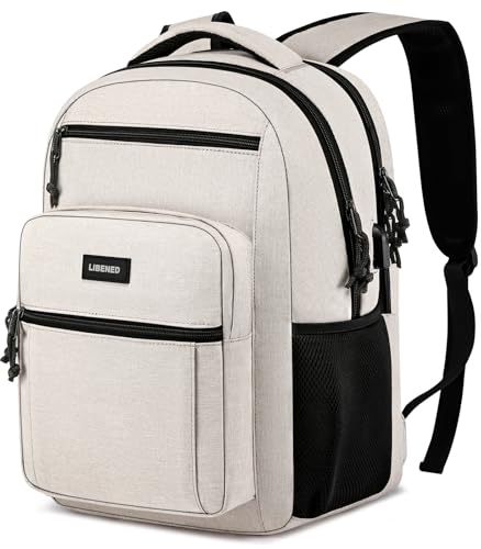 LIBENED School Backpacks for Teens Boys and Girls, Laptop Teens backpack with USB Charging Port, 15.6 Inch Water Resistant Mochila for Work, College, Beige