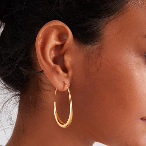 Gacimy Black Teardrop Hoop Earrings for Women, Black Plated Oval Pull Through Hoop Earrings for Women, Black Drop Hoop Earrings for Women, 30mm Black