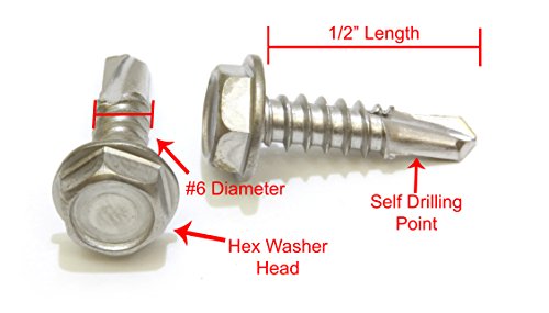 Bolt Dropper No. 8 x 1-1/2" Stainless Hex Washer Head Self Drilling Screws, (100 pc), 410 Stainless Steel Self Tapping TEK, No. 2 Point, Plain Finish