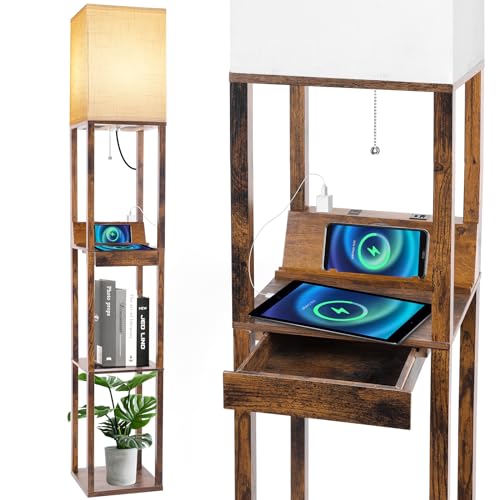 RUNTOP 3-Shelf Floor Lamp with LED Bulbs - Modern Standing Display Shelf Lamp for Living Room, Bedroom and Office (Black)