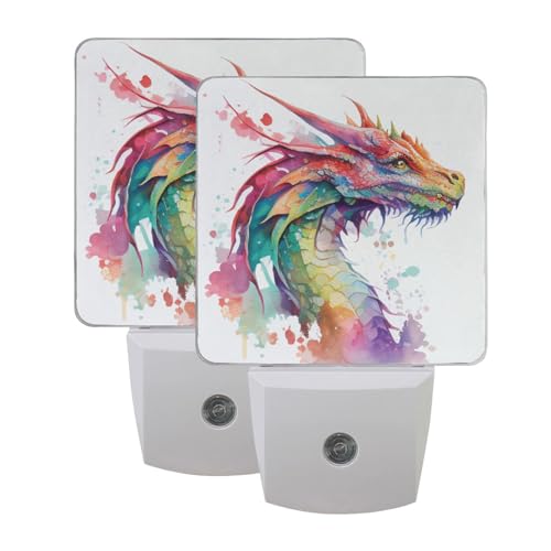 BOENLE Watercolor Dragon Night Lights 2 Pack Plug-in Wall Led Nightlight Auto Dusk-to-Dawn Sensor Lamps for Bedroom Kitchen Bathroom Hallway Stairs