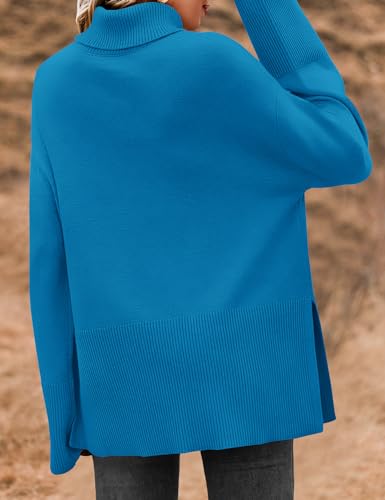ZESICA Women's 2024 Winter Sweaters Turtleneck Long Sleeve Oversized Split Hem Knitted Pullover Jumper Sweater Tops,Rust,Large