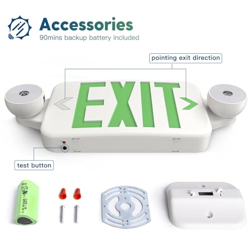 FREELICHT 6 Pack Green Exit Sign with Emergency Lights, Two LED Adjustable Head Emergency Light with Battery, Exit Sign for Business
