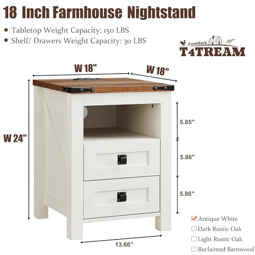 T4TREAM Nightstand with Charging Station, End Table, Side Table with 2 Drawers Storage Cabinet for Bedroom, Living Room, Farmhouse Design, Wood Rustic, Antique White