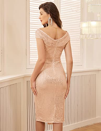 JASAMBAC Womens Off Shoulder Party Dresses Slit Bodycon Prom Dress Evening Cocktail Dress Gold