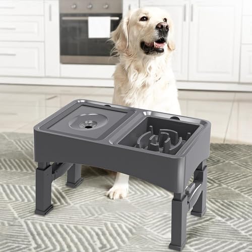 UPSKY 2-in-1 Elevated Dog Bowls Slow Feeder, 4 Height Adjustable Raised Dog Bowl Stand No Spill Dog Water Bowl Dispenser, Anti-Slip Dog Food and Water Bowl for Small Medium Dogs