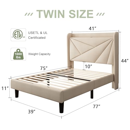 Feonase Twin Bed Frame, Upholstered Bed Frame with Charging Station, Wingback Storage Headboard, No Box Spring Needed, Noise-Free, Beige
