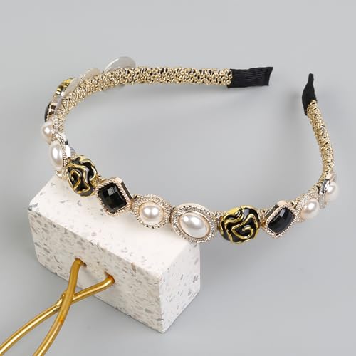 Huachi Rhinestone Baroque Crystal Pearl Wide Headband for Women - Elastic Glitter Green Jeweled Bridal Luxury Hairband