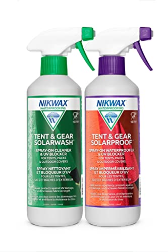 Nikwax Tent & Gear, Tent & Gear Duo-Pack, 500ml, SolarWash & SolarProof, Cleaning & Waterproofing Spray, Cleaner, Restores DWR Water Repellency on Outdoor Fabric, Rain Fly, Backpacks