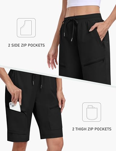 MoFiz Hiking Shorts Womens Quick Dry Lightweight Long Hiking Shorts for Women Knee Length for Camping Travel Golf with Zipper Pockets Black Small