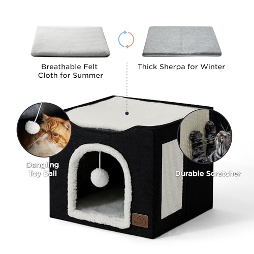 Bedsure Large Cat Beds for Indoor Cats - Extra Wide Cat Cube House for Small Pet with Fluffy Ball Hanging and Scratch Pad, Foldable Pet Cave Hideaway for Multiple Cats, 23.6x16.9x13 inches,Pink