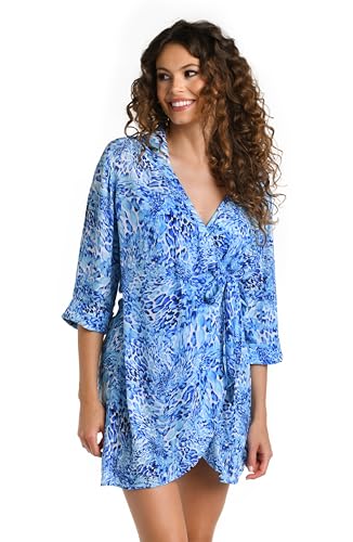 La Blanca Women's Short Sleeve Mini Dress Swimsuit Cover Up, Sunset//Upon The Horizon, Small