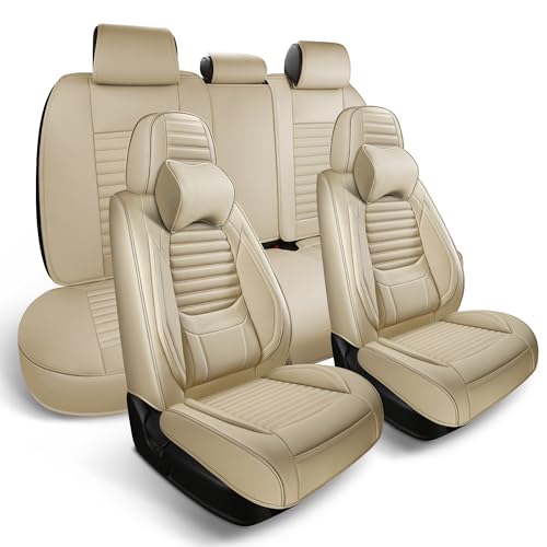 GEEYONTEK Car Seat Covers Front Set, Leather Seat Covers Front and Rear 2pcs Seats with Headrest Pillow, Airbag Compatible, Universal Seat Protectors Suitable for Most SUV Trucks Pick-up(Beige)