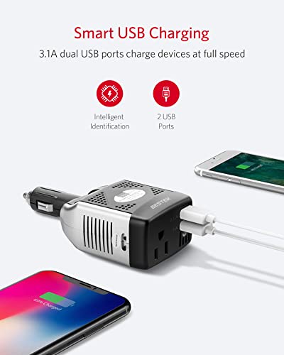BESTEK 150W Power Inverter 12V to 110V Voltage Converter Car Charger Power Adapter with 2 USB Charging Ports (3.1A Shared) (150W)