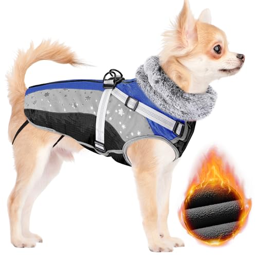SlowTon Dog Jacket with Harness Built in, Waterproof Fleece Winter Warm Dog Coats for Small Medium Dogs, Reflective Adjustable Furry Puppy Vest Clothes for Outdoor Walking (Blue,Size X-Small)