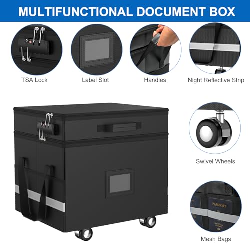 HAMOPY Fireproof Document Box, Document Organizer 2 Layer Detachable File Box with Combination Lock & Reflective Strip, Collapsible Fireproof Document Box File Cabinet