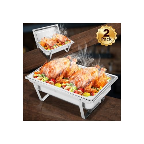ROVSUN 8 Qt 2 Pack Full Size Stainless Steel Chafing Dishes for Buffet, NSF Silver Rectangular Catering Chafer Warmer Set with Trays Pan Lid Folding Frame Stand for Kitchen Party Banquet Dining