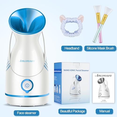 Facial Steamer,Amconsure Face Steamer for Home Facial Deep Cleaning, Nano Ionic Facial Steamers Warm Mist Humidifier Atomizer for Face Sauna Spa Sinuses Moisturizing, Unclogs Pores(Blue)
