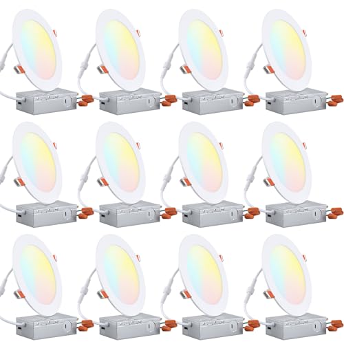 TORCHSTAR 12-Pack 6 Inch 5CCT Ultra-Thin LED Recessed Lighting, CRI 90, 2700K3000K3500K4000K5000K Selectable, 12W Dimmable Slim LED Downlight, ETL Listed
