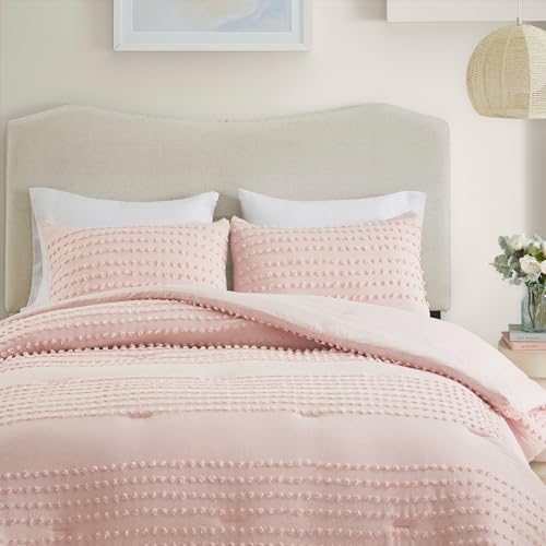 Comfort Spaces Cotton Comforter Set Jacquard Pom-Pom Tufts Design, Down Alternative, All Season Modern Bedding, Matching Shams, Twin/Twin XL, Phillips, Blush