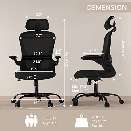 Office Chair, High Back Ergonomic Desk Chair, Breathable Mesh Desk Chair with Adjustable Lumbar Support and Headrest, Swivel Task Chair with flip-up Armrests, Executive Chair for Home Office