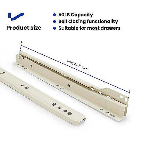 LONTAN 10 inch Drawer Slides Bottom Mount Self Closing Drawer Rails,1 Pair White Euro Style Drawer Tracks and Rails Kit Dresser Drawer Slides Replacement