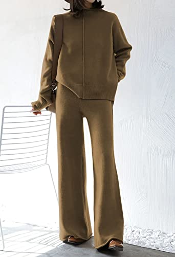 Fixmatti Women Knitted Outfits High Neck Sweater Wide Leg Pant Set 2 Pieces Sweatsuit (Y-Khaki, Large)