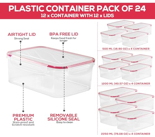 Utopia Kitchen Plastic Food Storage Container Set with Airtight Lids - 12 Pieces (6 Containers & 6 Snap Lids)- Reusable & Leftover Lunch Boxes - Leak Proof
