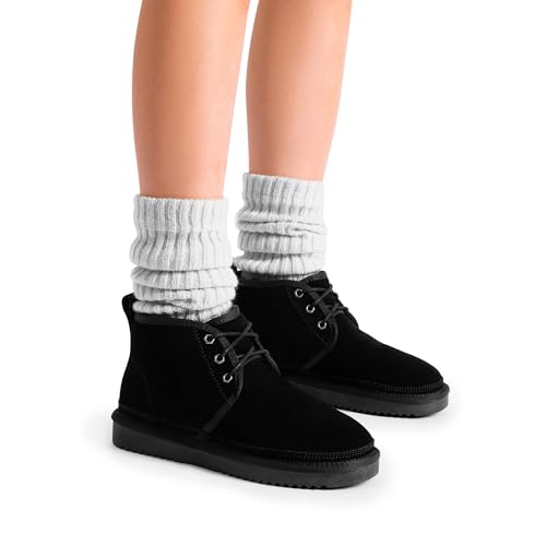 DREAM PAIRS Women's Ankle Winter Boots Genuine Suede Leather Faux Fur Lace Up Snow Warm Comfort Cozy Short Booties FuzzyGo Women's Cozy,Size 5,Black,SDSB2406W