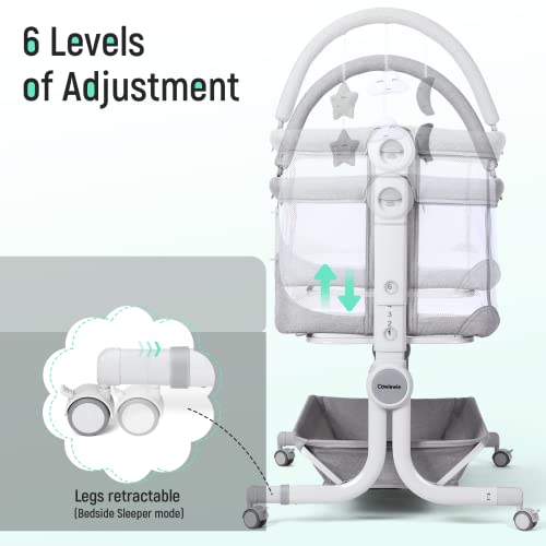 Cowiewie Baby Bassinet 2-1 Beside Sleeper with Wheels & Hanging Toys for Baby Foldable Adjustable Height Portable Bassinets (GREY)