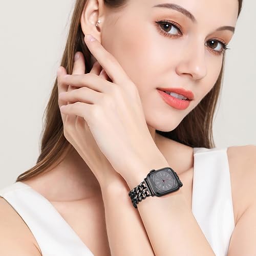 Aniaboho Compatible with Dressy Designer Apple Watch Bands for Women Men 44mm 45mm 49mm 42mm, Chain Leather iWatch Bands for Apple Watch Ultra 2 1 SE Series 9 8 7 6 5 4 3 Band(Rose Gold/Black Leather)