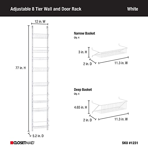 ClosetMaid Adjustable Organizer Rack with Baskets Wall or Over Door Mount, for Kitchen, Pantry, Utility Room, Closet, 12 in. W, White Finish, Inch