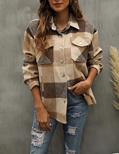 Tanming Womens Flannel Plaid Shacket Wool Blend Button Down Shirt Fall Fashion Jacket (01 Brown, S)