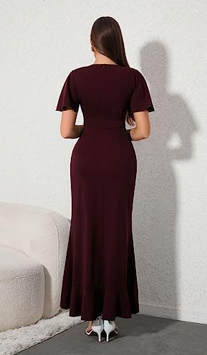 CARROTMOB Women's Formal Dresses V Neck Short Sleeve Ruffle Long Dresses for Women Wedding Guest Burgundy X Large