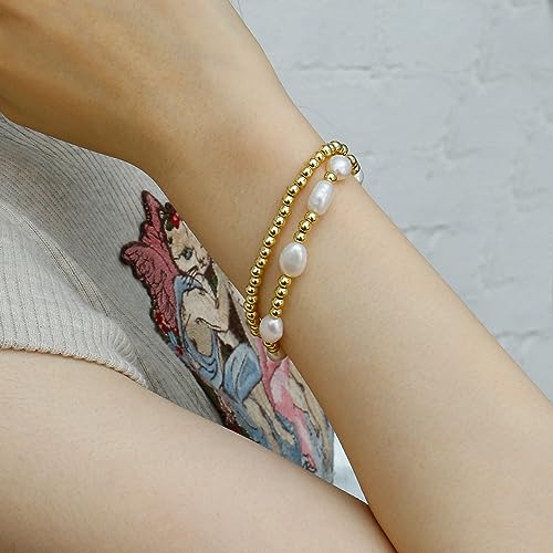 Gold Pearl Beaded Bracelets for Women Baroque Pearl Stackable14K Gold Plated Stretch Bead Ball Bracelet Jewelry Gifts (2PCS)