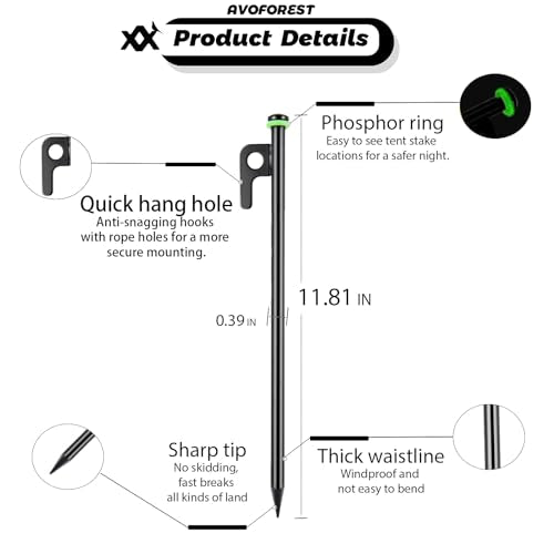AVOFOREST 12Inch Heavy Duty Tent Stakes,20 PCS Tent Pegs Metal+Fluorescent Silicone Rings+ Storage Bag for Camping (20pcs)